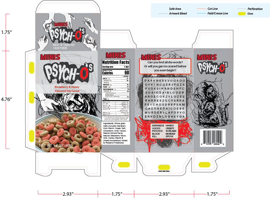 Psychos strawberry and honey flavored oat cereal box dieline